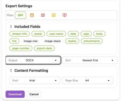 The Export settings dialog